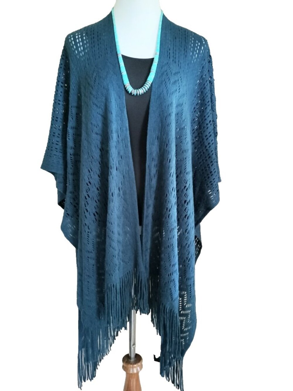 Nine West Crochet Long Cardigan Duster Topper One Size Teal Fringe Kimono Sleeve